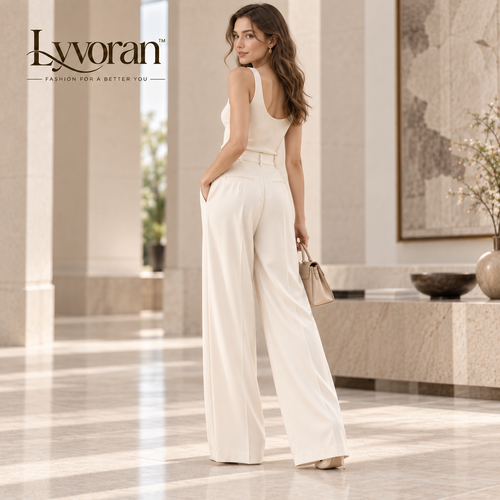 Lyvoran™ Aurelia Ivory High-Rise Pleated Wide-Leg Trousers