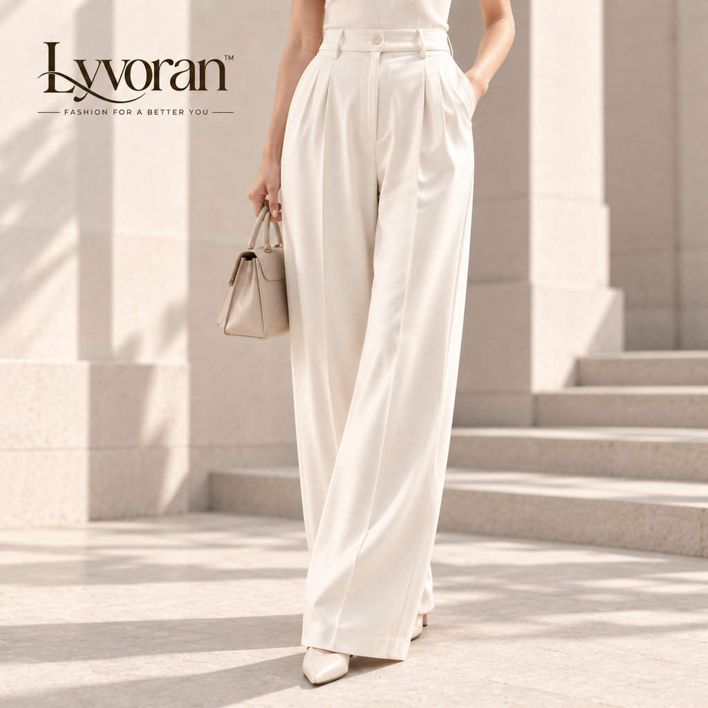 Lyvoran™ Aurelia Ivory High-Rise Pleated Wide-Leg Trousers