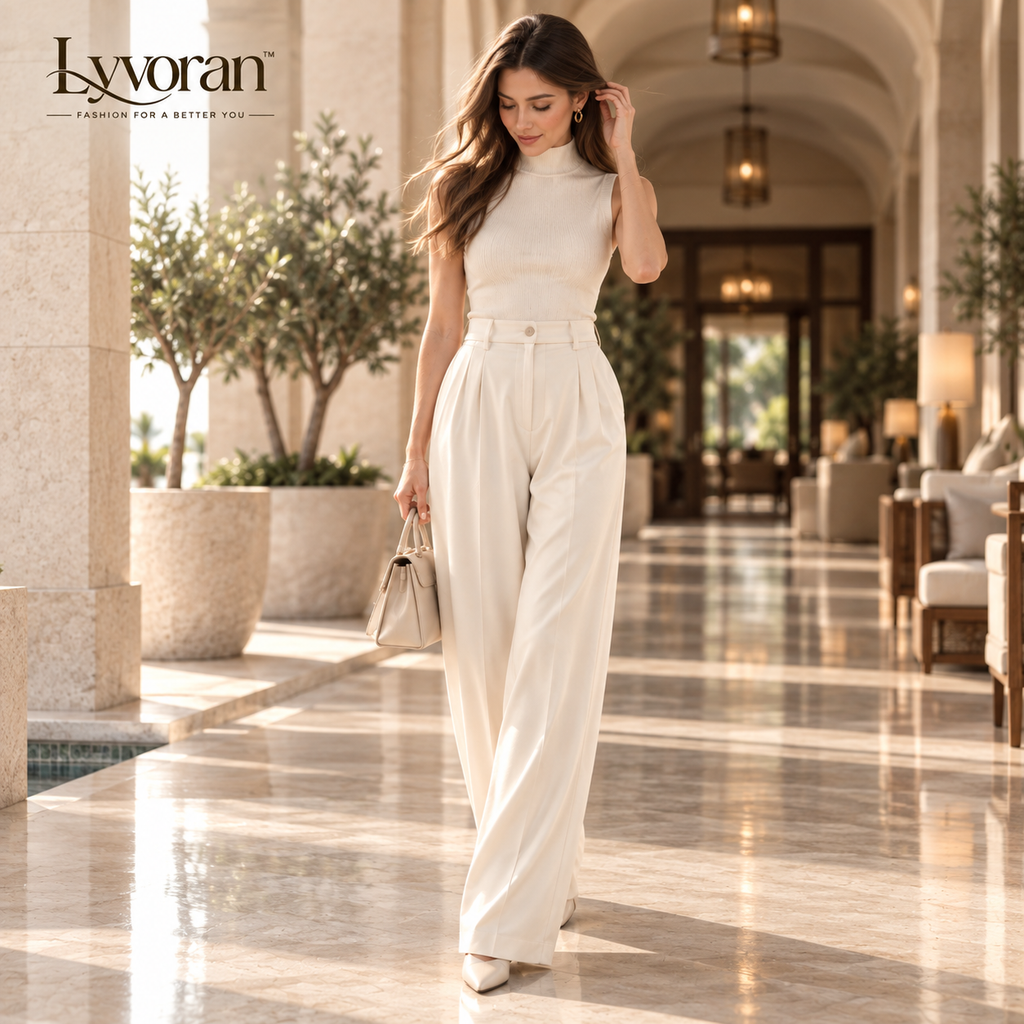 Lyvoran™ Aurelia Ivory High-Rise Pleated Wide-Leg Trousers
