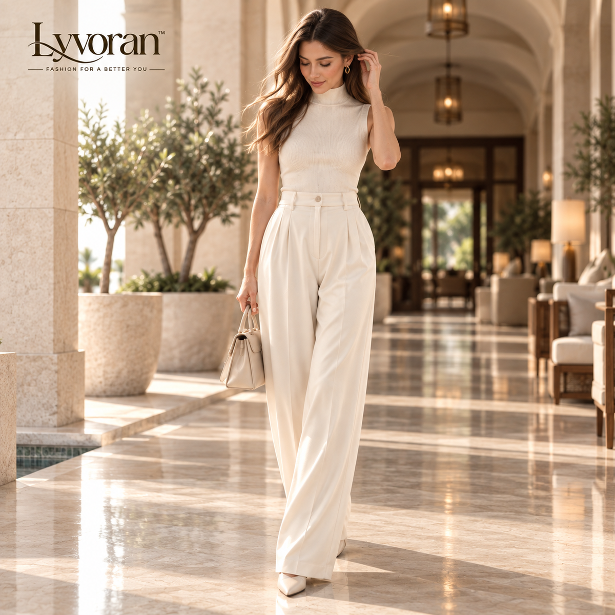 Lyvoran™ Aurelia Ivory High-Rise Pleated Wide-Leg Trousers