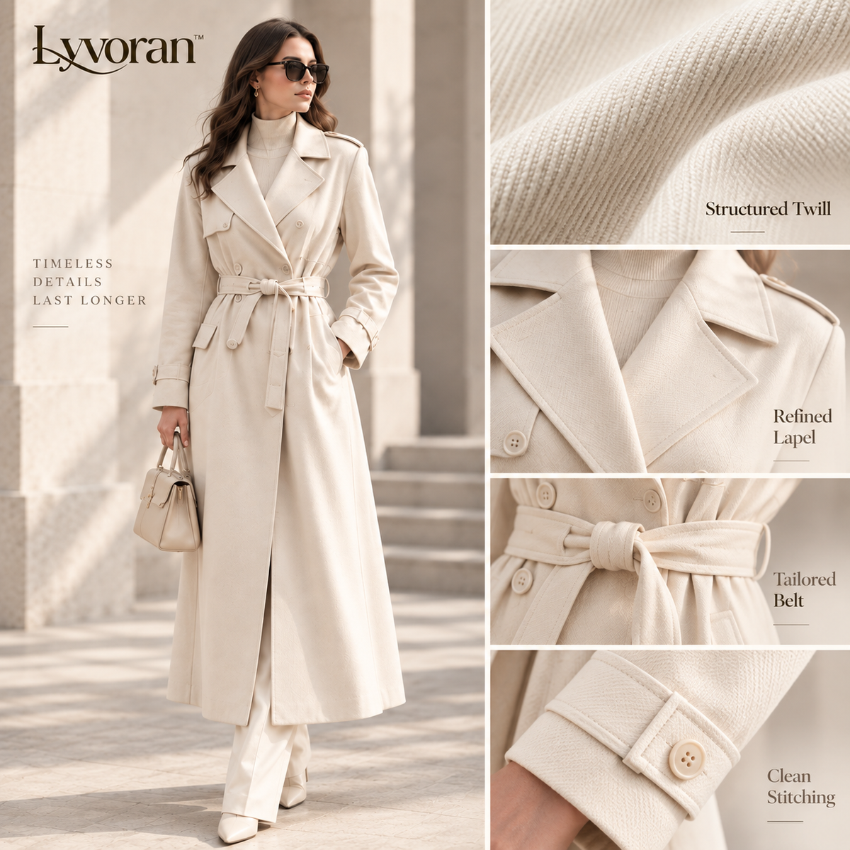 Lyvoran™ Elara Ivory Belted Longline Trench Coat
