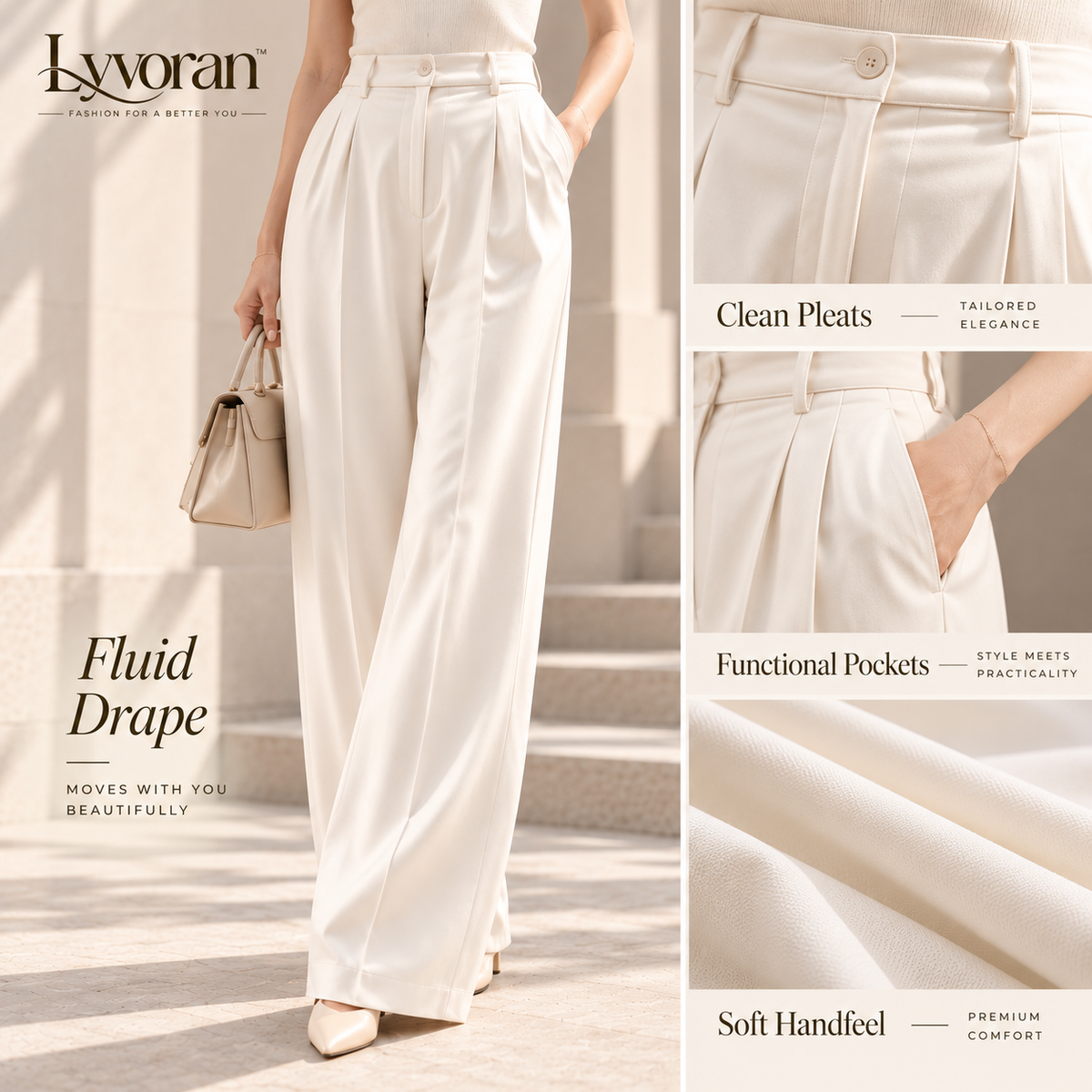 Lyvoran™ Aurelia Ivory High-Rise Pleated Wide-Leg Trousers