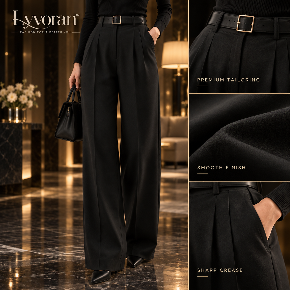 Lyvoran™ Vivienne Black Belted Wide-Leg Trousers