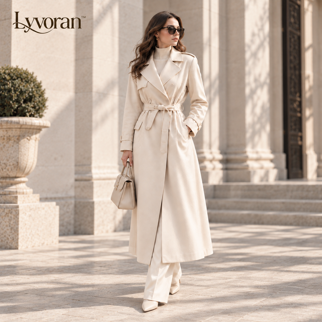Lyvoran™ Elara Ivory Belted Longline Trench Coat