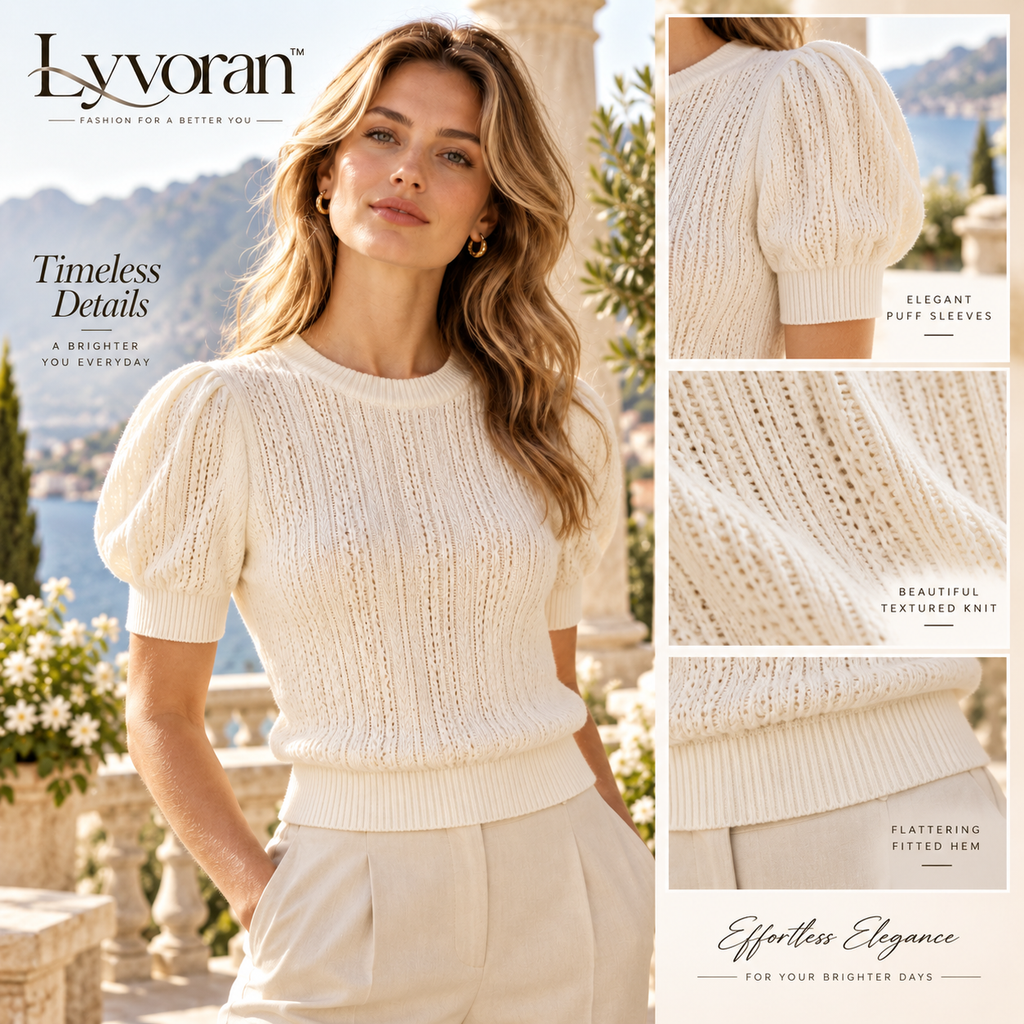 Lyvoran™ Pointelle Puff-Sleeve Knit Top