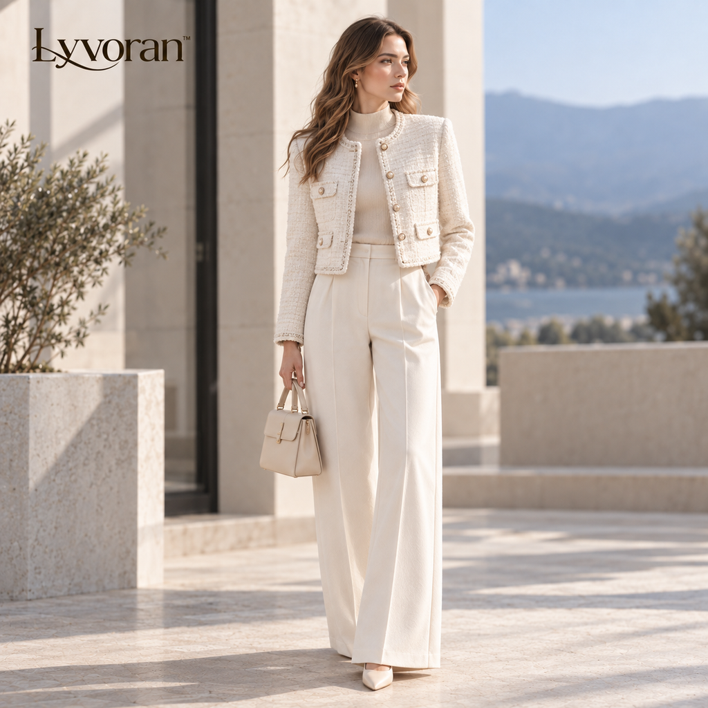 Lyvoran™ Camille Ivory Textured Cropped Jacket