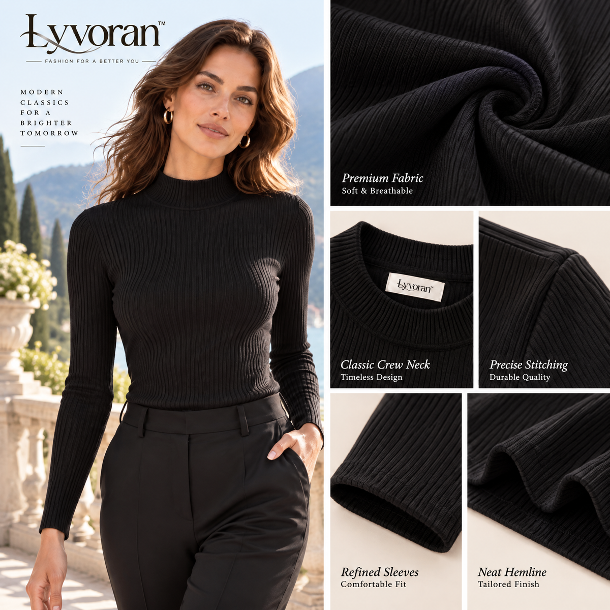 Lyvoran™ Ribbed Mock Neck Long-Sleeve Top