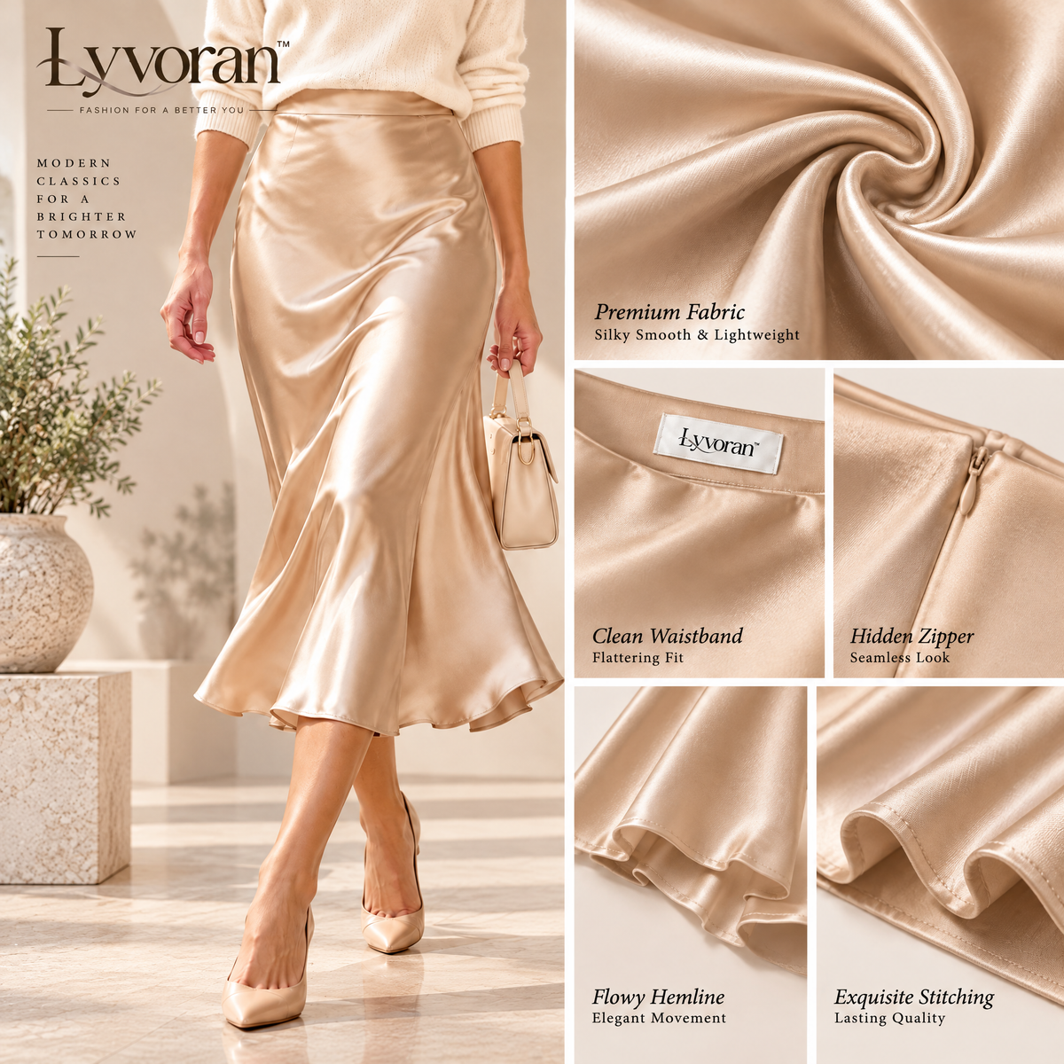 Lyvoran™ Champagne Satin Bias Midi Skirt