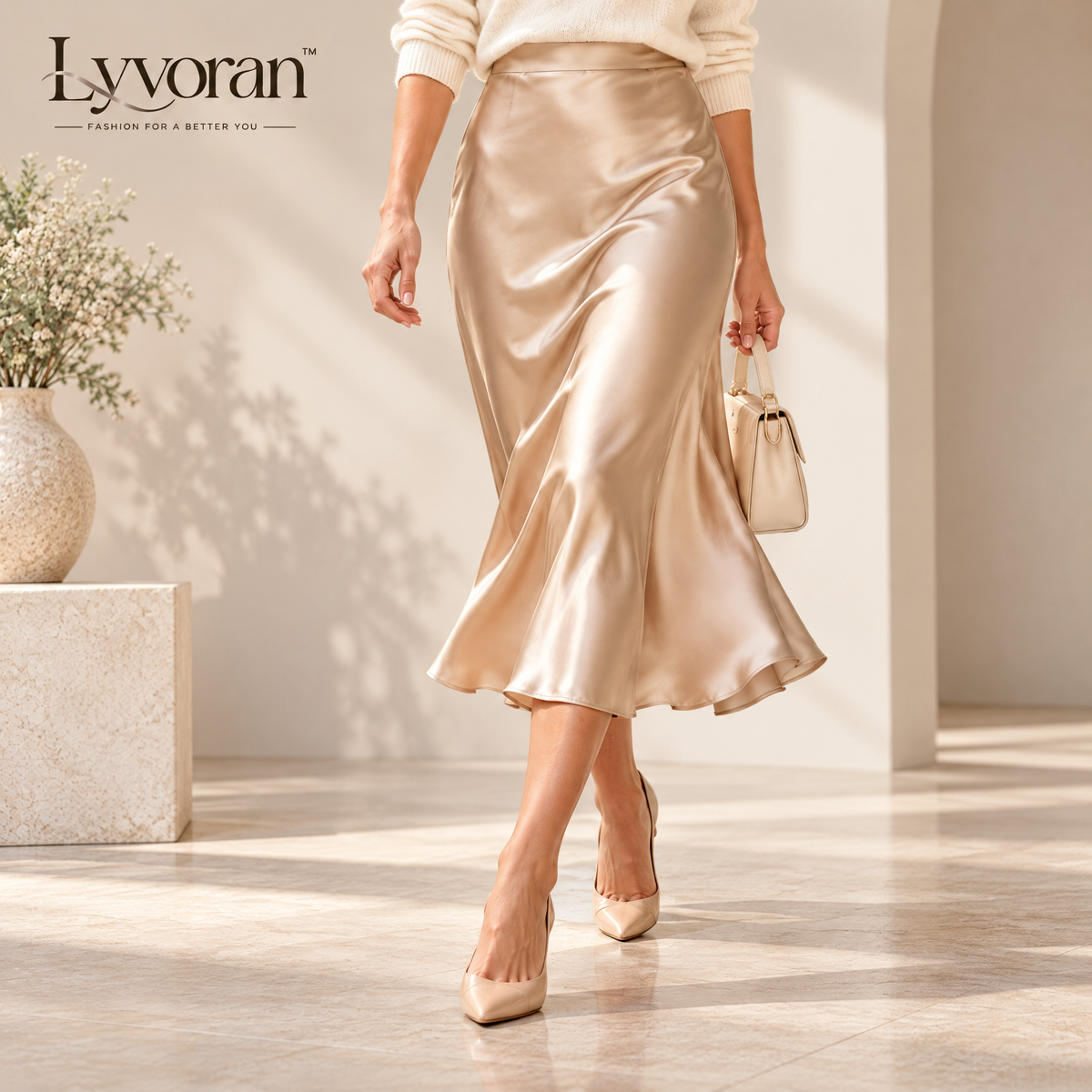 Lyvoran™ Champagne Satin Bias Midi Skirt